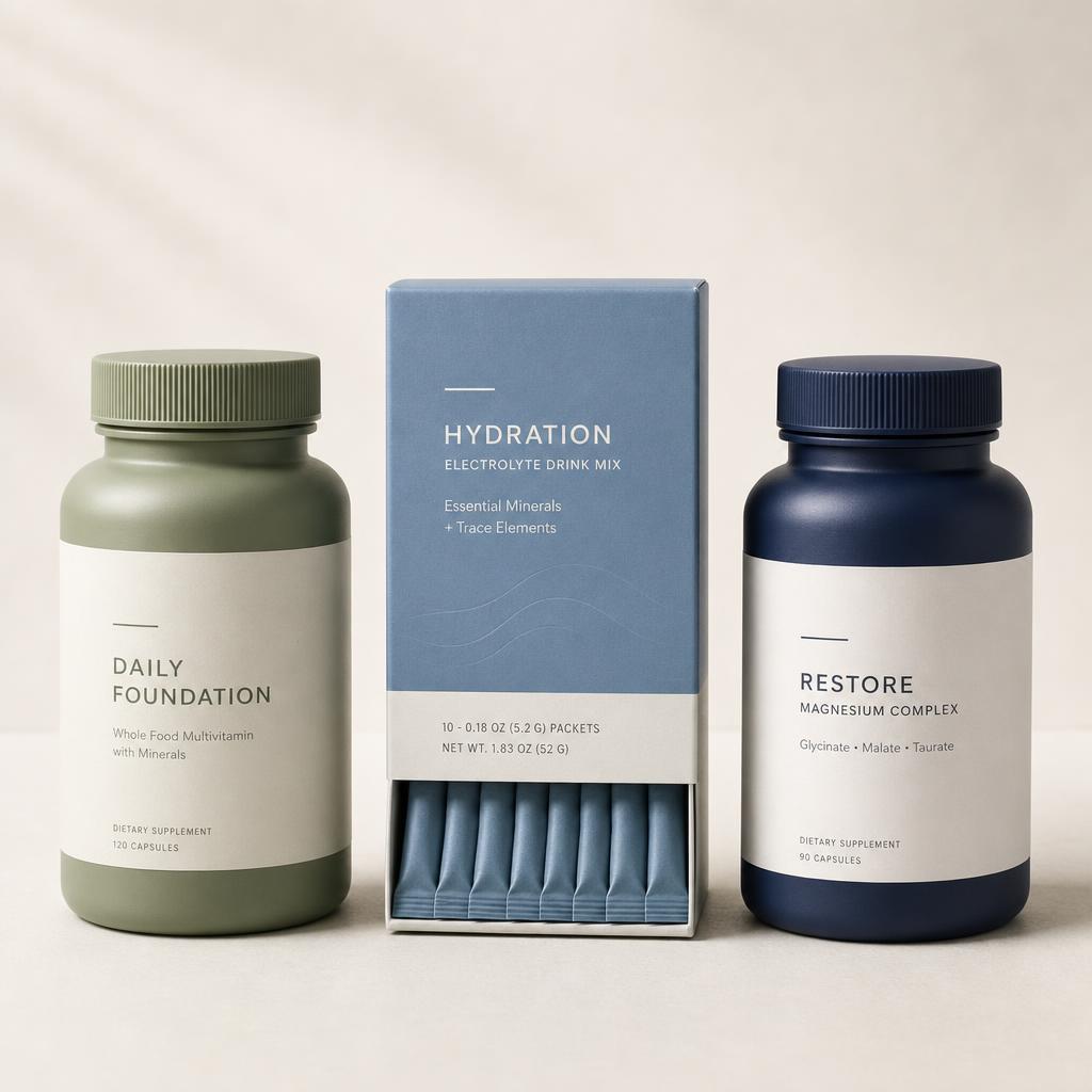 SOLVANI AIR, FLOW and NIGHT wellness products arranged together